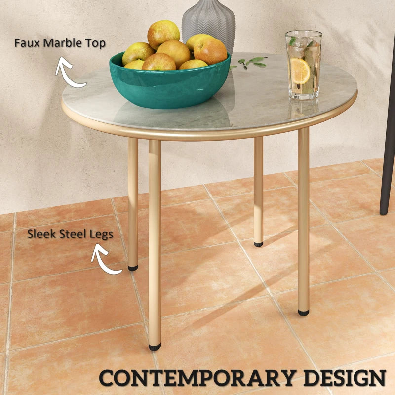 60cm Round Small Garden Table - Outdoor Side Table with Faux Marble Top, Steel Frame, Beige