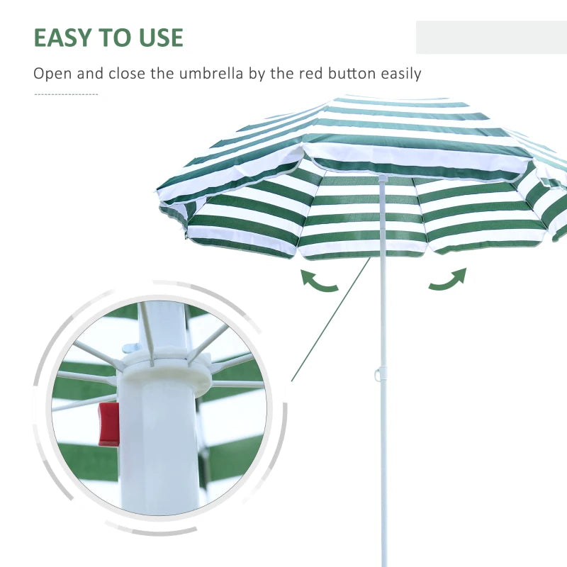 Green & White Striped 1.8m Tilt Beach Umbrella with 8 Ribs