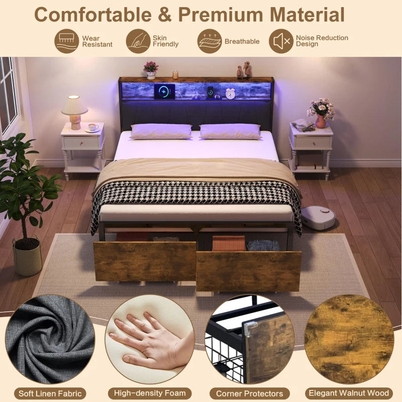 Stylish Black & Dark Walnut Double Bed Frame with Storage Drawers, RGB LED Headboard & Charging Station - 205L x 136W x 116H cm