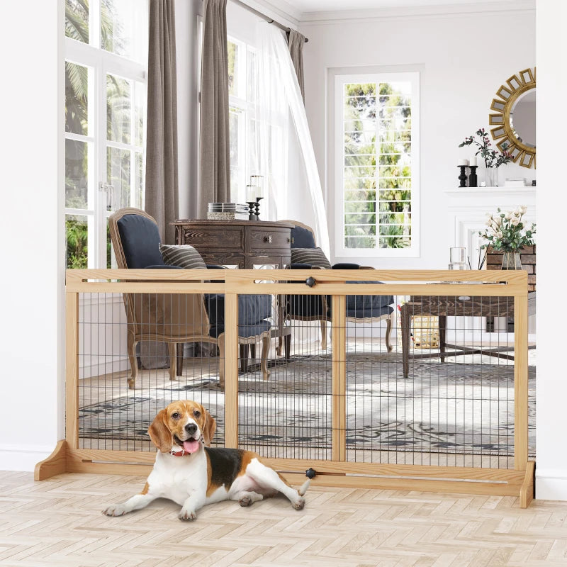 Freestanding Dog Gate - Foldable Indoor Pet Fence, Wooden Barrier for Doorways & Hallways, Adjustable 69H x 104-183 cm
