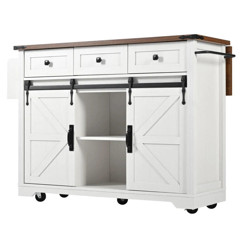 Elegant White Kitchen Island with Extendable Worktop, Smooth Wheels, Ample Storage & Foldable Cabinet - 140x45x94 cm