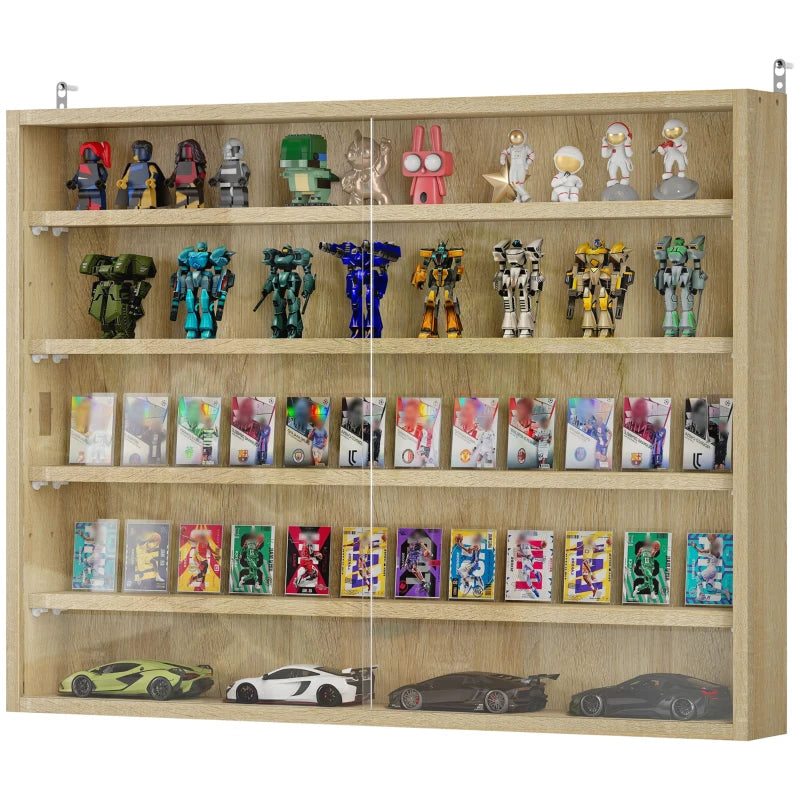 5-Tier Oak Wall Display Shelf Unit with Glass Doors & 4 Adjustable Shelves - Perfect for Home Office Ornaments 60x80cm