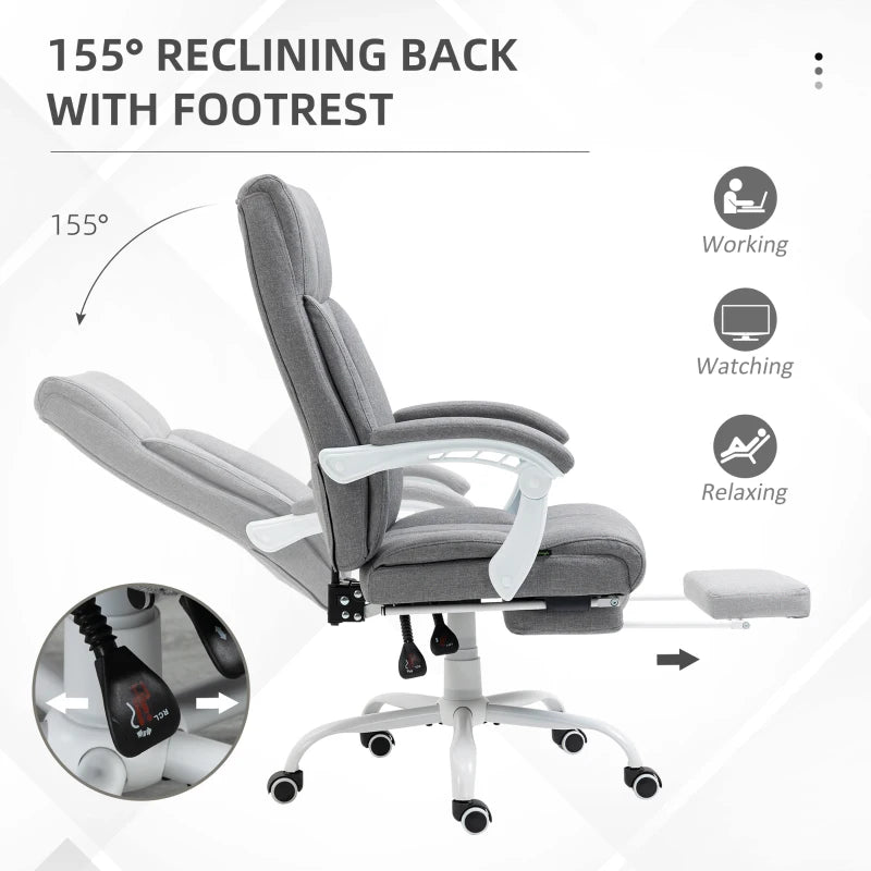 Vinsetto Ergonomic Office Chair with 155° Recline, Adjustable Height, Footrest & Swivel Wheels - Grey Fabric Study Chair