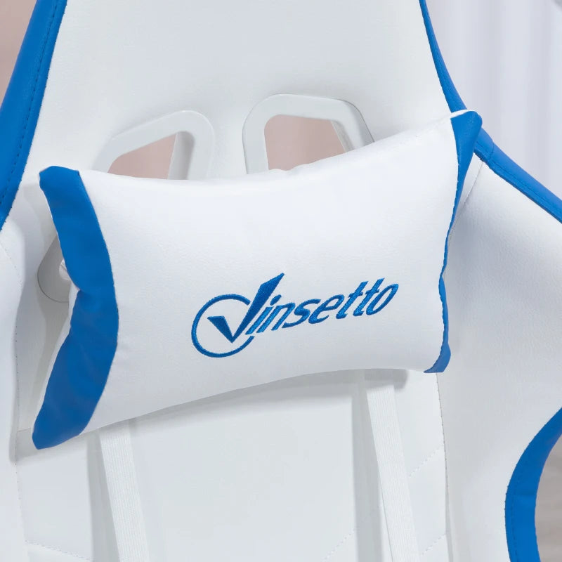 Vinsetto White and Blue Gaming Chair - PU Leather Office Desk Chair with Footrest, 135° Recline, Lumbar Support & Headrest