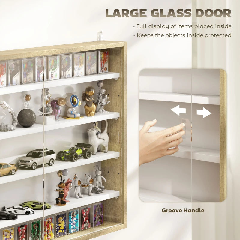 5-Tier Wall Display Shelf Unit with 4 Adjustable Shelves & Glass Doors - Natural Finish for Home & Office Decor 60x80cm
