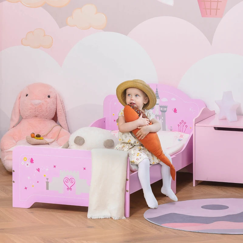 Kids Princess Castle Bed with Side Rails - Pink Home Furniture for Ages 3-6, 143x73x60 cm