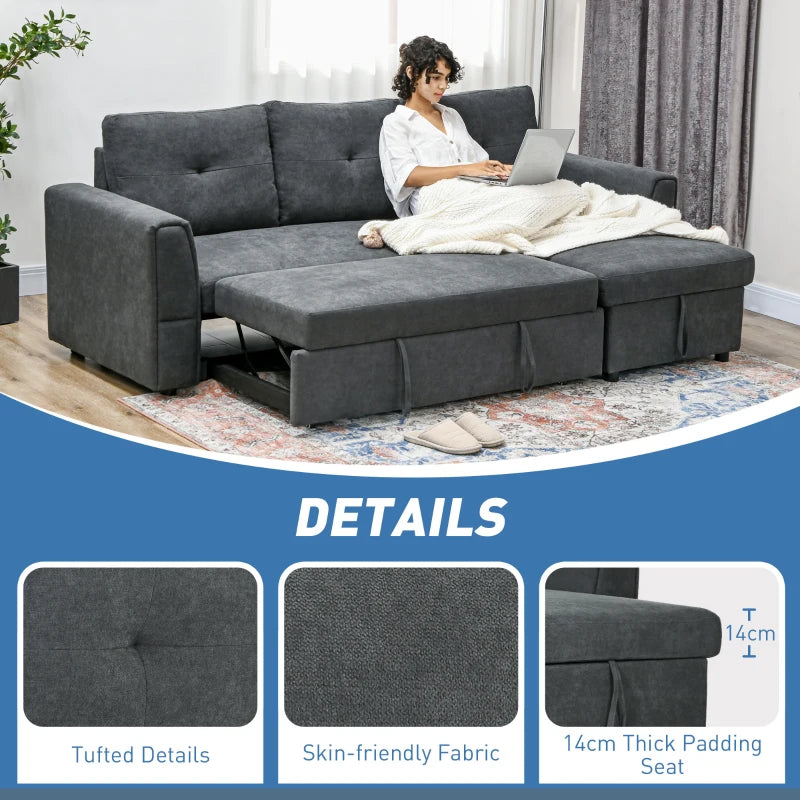 L-Shaped 3-Seater Sofa Bed with Storage – Convertible Click Clack Futon for Living Room, Dark Grey