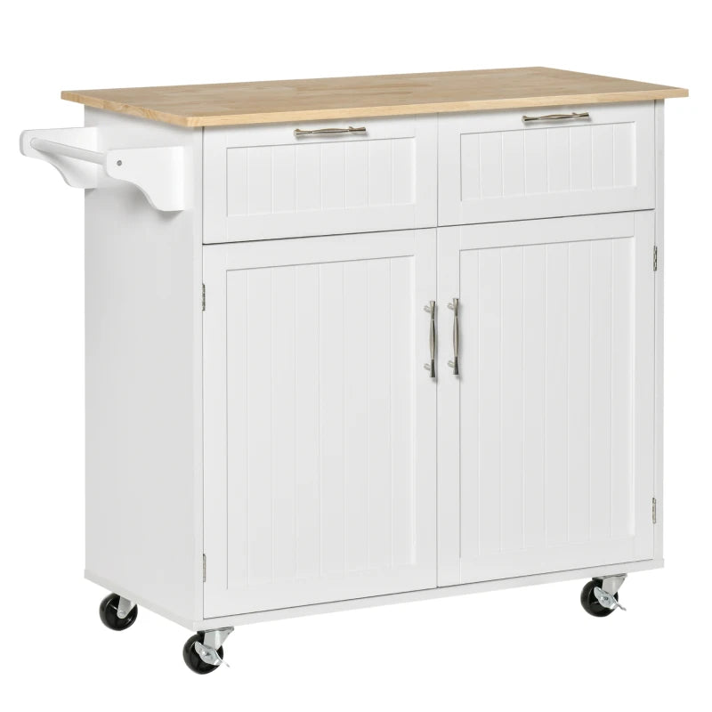 White Kitchen Island Utility Cart with 2 Storage Drawers & Cabinets - Perfect for Dining Room Organization