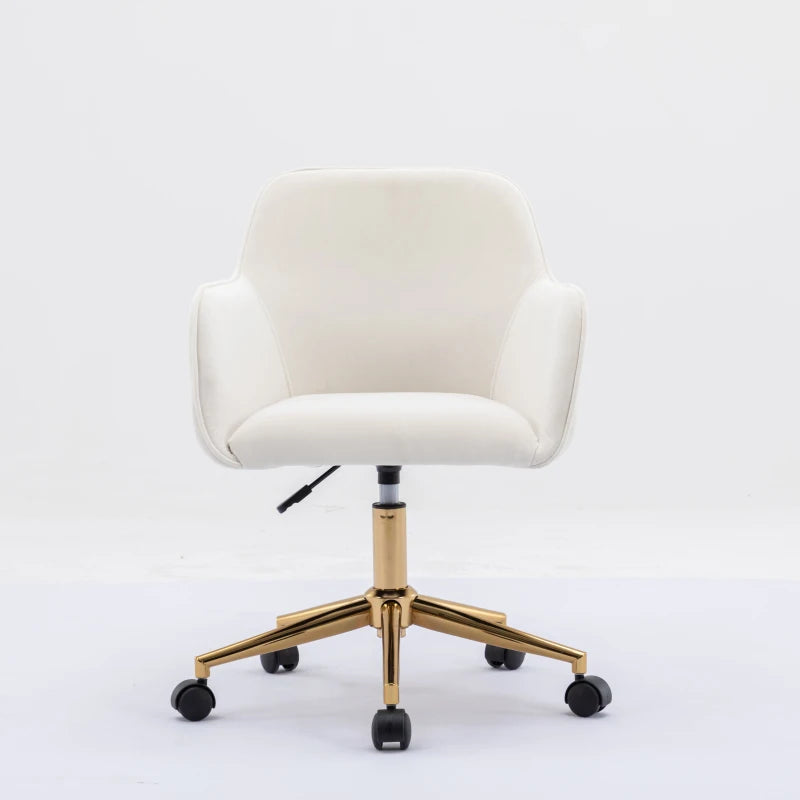 Ivory Velvet Adjustable Height Swivel Executive Office Chair with Gold Legs & Ergonomic Backrest - 58x58x86 cm