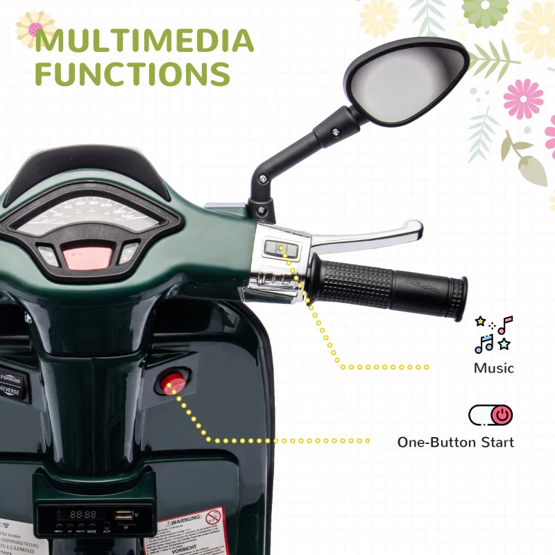 12V Licensed Kids Electric Vespa Motorbike with Music Headlights FM Radio for Ages 3-6 Green