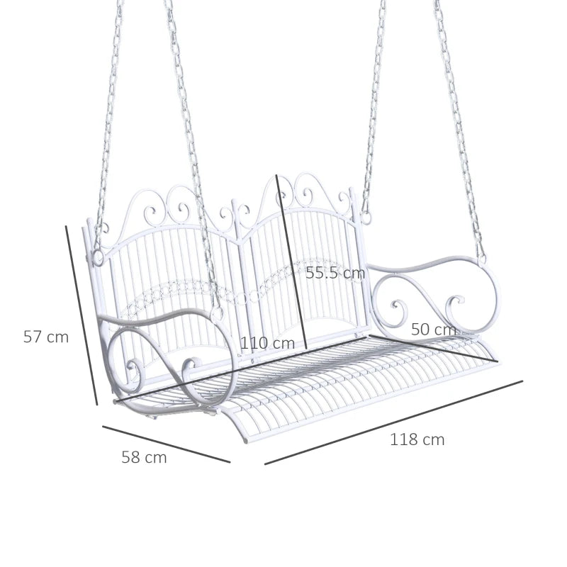 White Metal 2-Seater Hanging Swing Chair Garden Bench - 118x58x57 cm