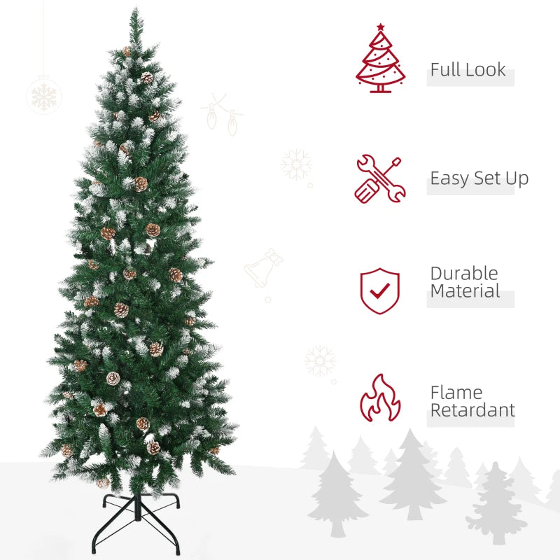 6 Ft Snowy Artificial Christmas Tree with Realistic Branches & Pine Cones - Indoor Holiday Decoration in Green & White