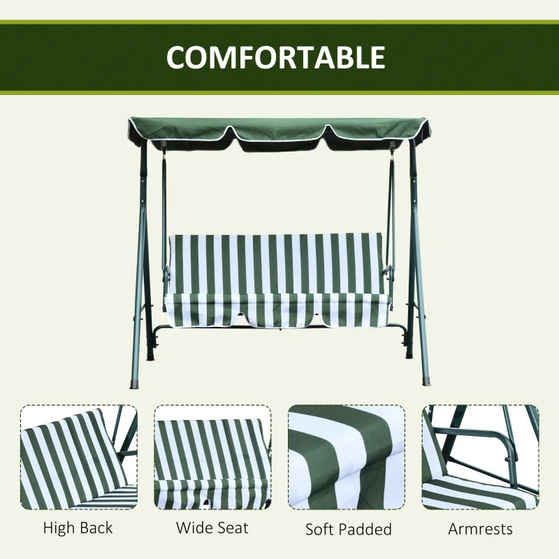 Green Padded 3-Seater Garden Swing Chair with Adjustable Canopy