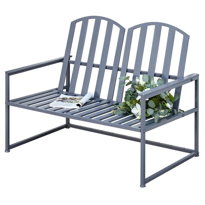 Grey Steel Outdoor Garden Bench Loveseat with Slatted Design