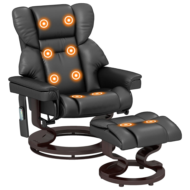 Upholstered Massage Recliner Chair with Footstool, Adjustable Backrest, Steel Frame, Swivel Armchair for Living Room and Bedroom, Black