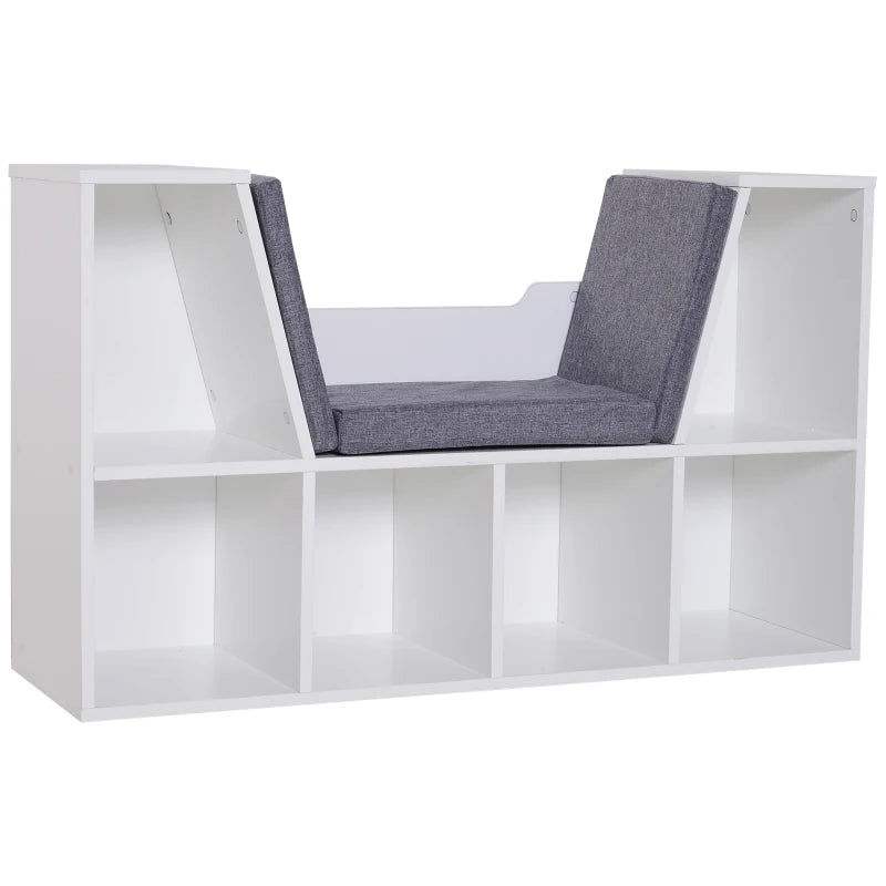 Stylish White Bookcase Storage Shelf with Cushioned Reading Seat - Cube Bookshelf Organizer for Bedroom & Living Room