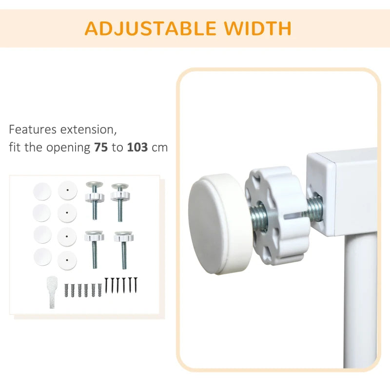 Pet Safety Gate for Doorways & Staircases - Adjustable 75-103cm with Extensions Kit - White Color, Ideal for Hallways