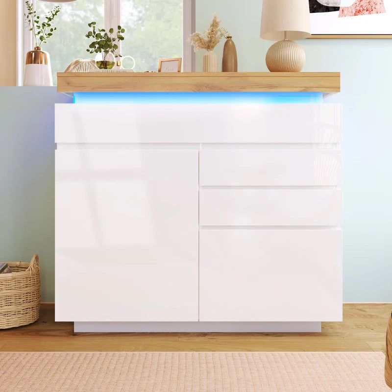 High-Gloss White Chest of Drawers with LED Lighting - 2 Doors & 3 Drawers Sideboard Cabinet, 110x39x115 cm