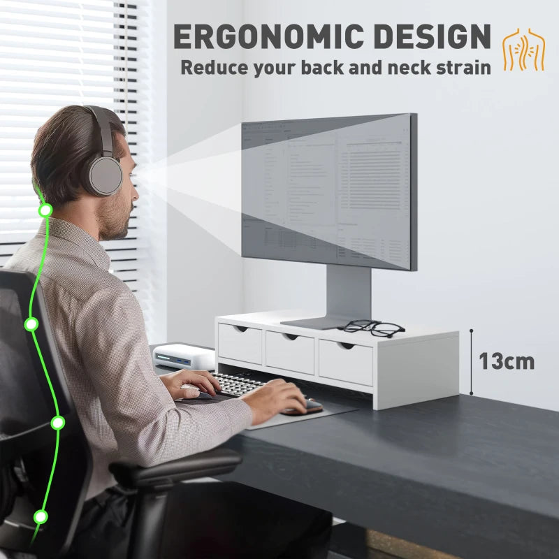 White Monitor Stand Riser with 3 Drawers - Laptop & PC Holder, 51x24x13cm, Ideal for Small Printers & Desks