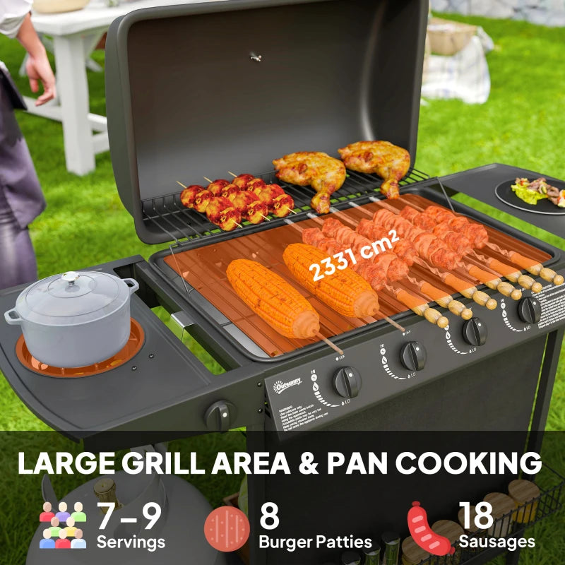4+1 Burner Portable Gas BBQ Grill with Thermometer, Side Table, Wheels for Outdoor Cooking