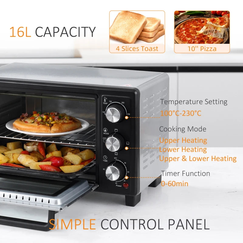 16L Mini Countertop Oven - 1400W, Stylish Black/Silver Design, Perfect for Baking, Broiling, and Toasting - Compact Kitchen Appliance