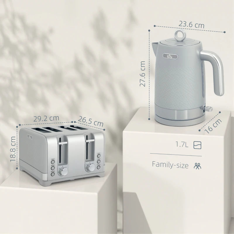 Sleek Grey Textured Kettle & Four-Slice Toaster Set - Modern Kitchen Appliances for Stylish Cooking