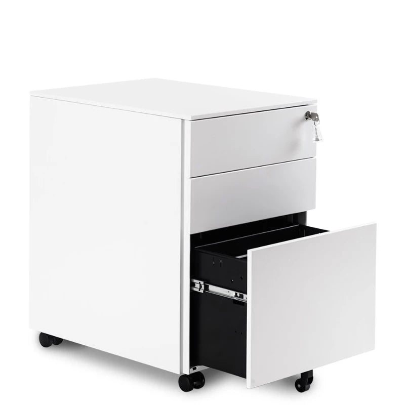 Lockable Mobile File Cabinet - 3 Drawer Steel Pedestal on 5 Casters, Secure Storage with Keys, 39x52x60 cm, White