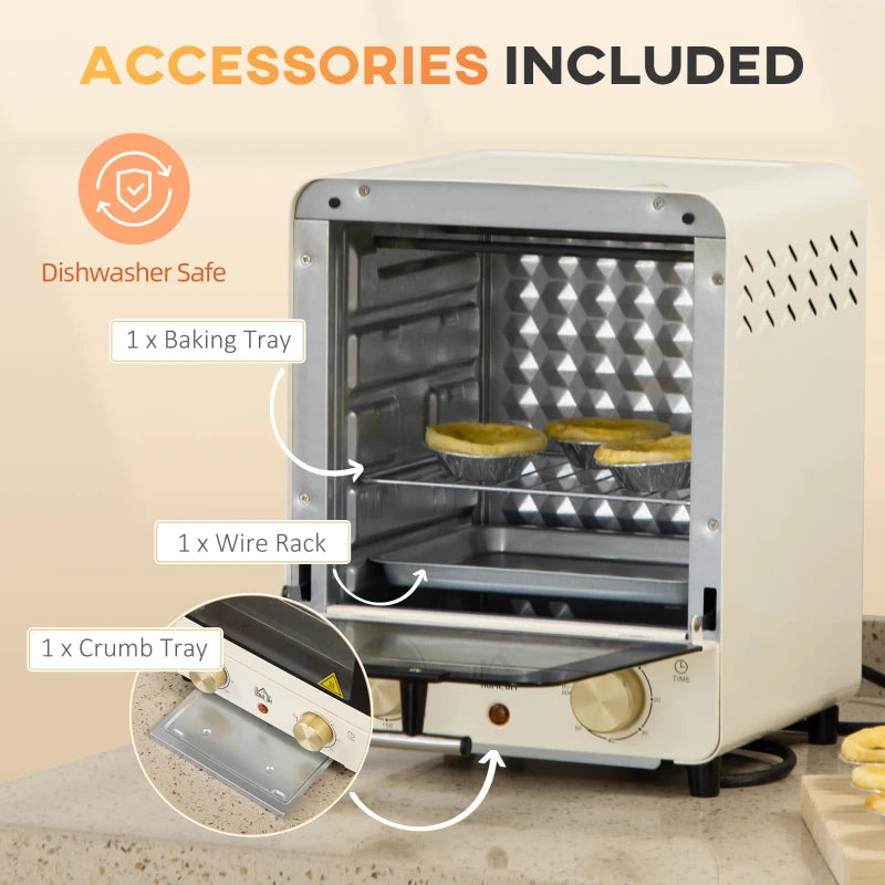 15L Mini Electric Oven & Grill - Adjustable 60-230°C, 60 Min Timer, Includes Baking Tray & Wire Rack, 1000W, Cream White