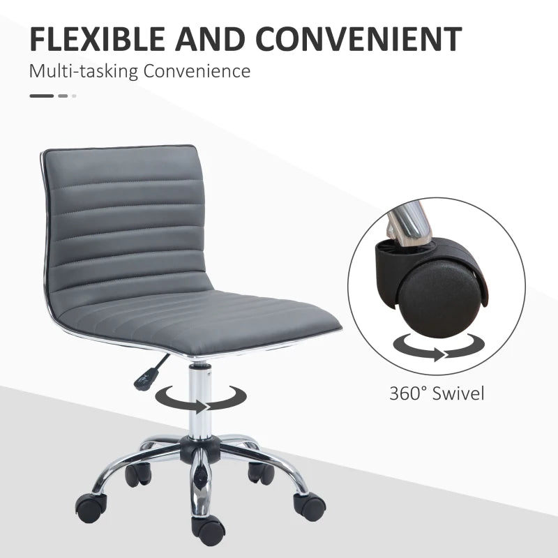 Armless Swivel Task Desk Chair - Adjustable Faux Leather Office Chair with Chrome Base & Wheels - Dark Grey