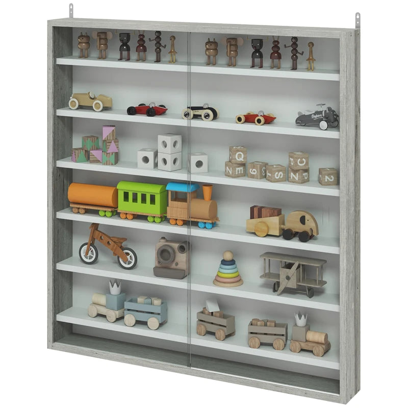 Stylish Six Shelf Display Cabinet with Glass Doors - Modern Graphite Wood Effect Storage Solution for Home or Office