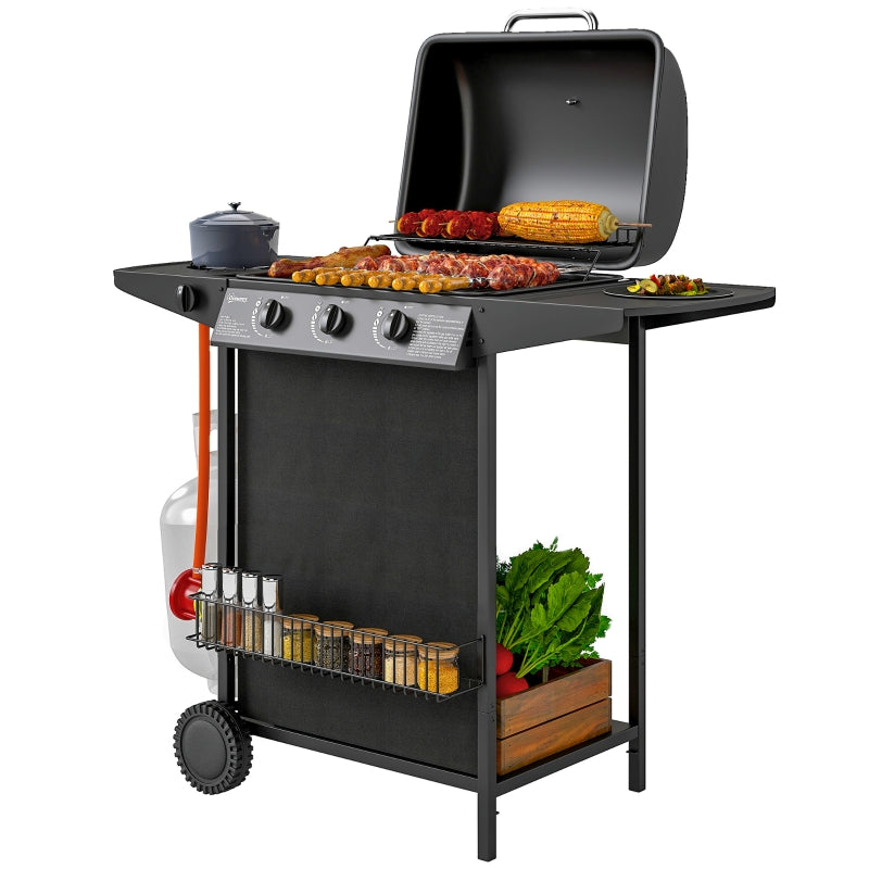 3+1 Burner Portable Gas BBQ Grill with Thermometer, Side Table, Wheels for Outdoor Cooking