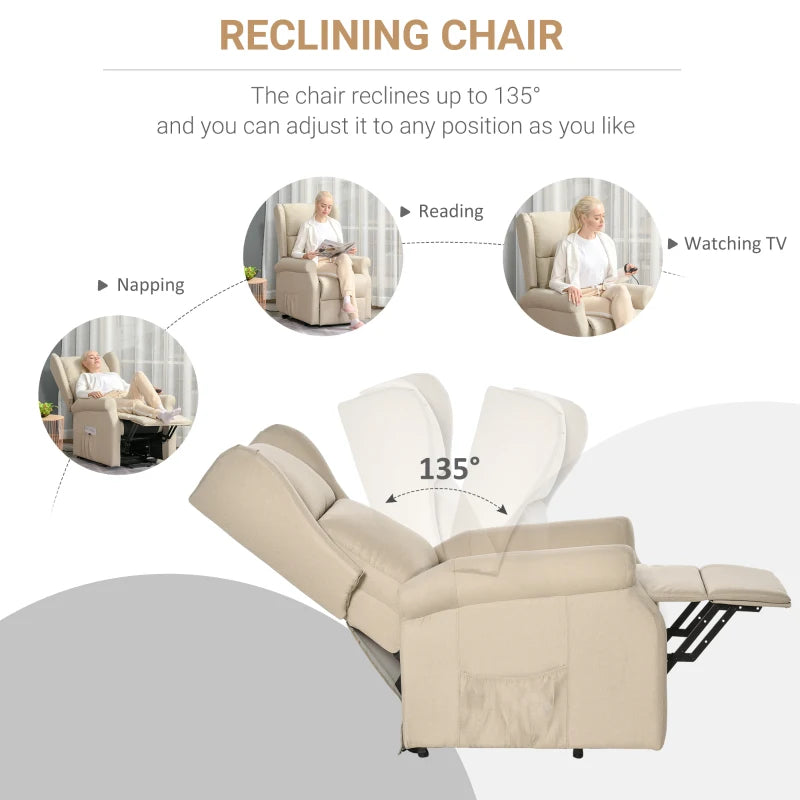 Electric Lift Recliner Armchair for Elderly - Fabric Riser Chair with Remote, Side Pockets, Extended Footrest, Beige