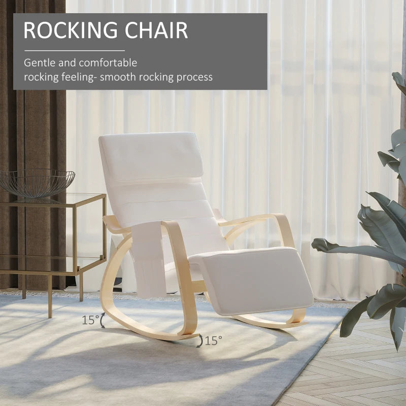 Cream White Rocking Lounge Chair Recliner with Adjustable Footrest, Side Pocket and Pillow for Ultimate Relaxation