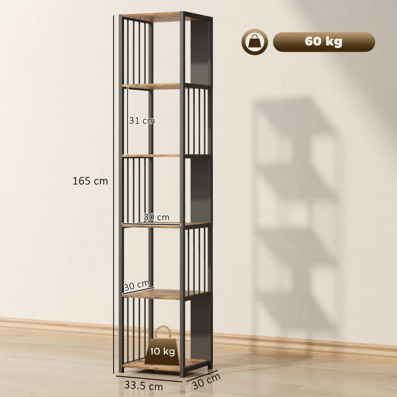 Rustic Brown 5-Tier Bookshelf with Steel Frame - Industrial Style Storage Shelf for Home or Office