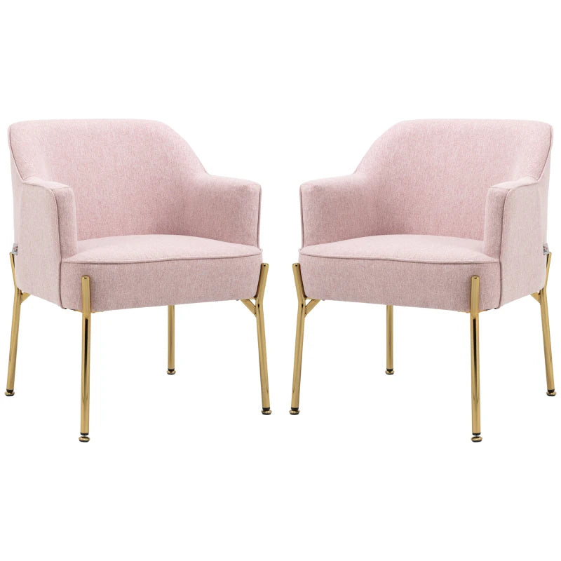 Elegant Pink Accent Chairs with Gold Metal Legs - Soft Padded Living Room and Bedroom Armchairs, Set of 2