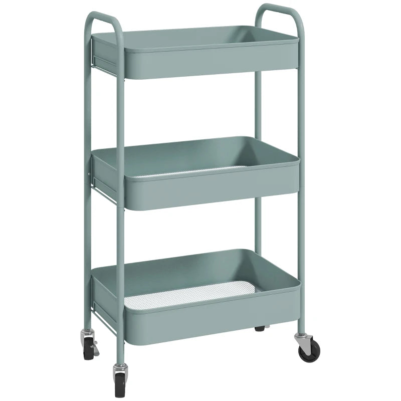 Light Blue Three-Tier Steel Storage Trolley - Durable, Stylish Organizer for Home, Office, Kitchen & Garage
