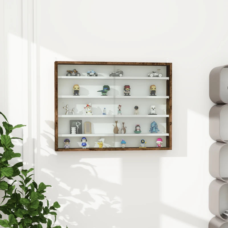 Rustic 5-Tier Wall Display Shelf Unit with 4 Adjustable Glass Doors - 60x80cm Home Office Ornaments Storage
