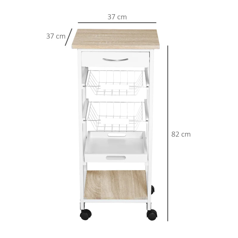 Compact Mobile Rolling Kitchen Island Trolley with Metal Baskets & Shelves - Stylish White Storage Solution on Wheels