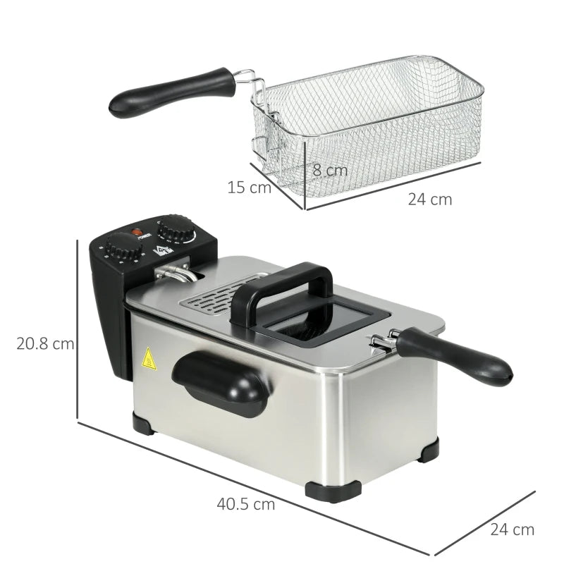 3L Stainless Steel Deep Fat Fryer - 2000W, Adjustable Temperature, 60min Timer, Viewing Window & Safety Cut Out