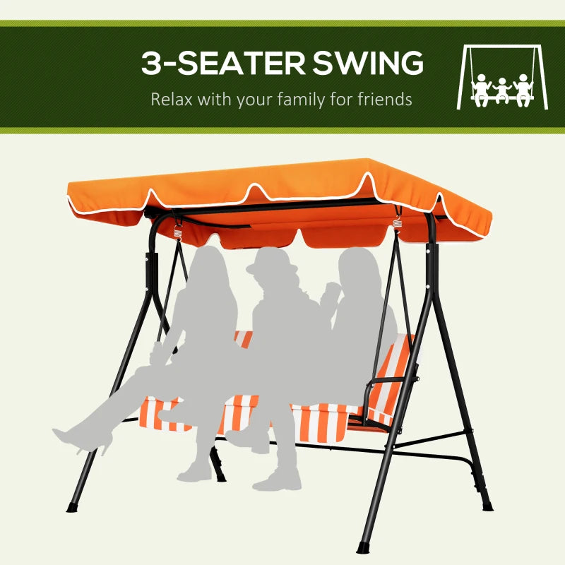 Orange Striped 3-Seater Garden Swing Chair with Adjustable Canopy