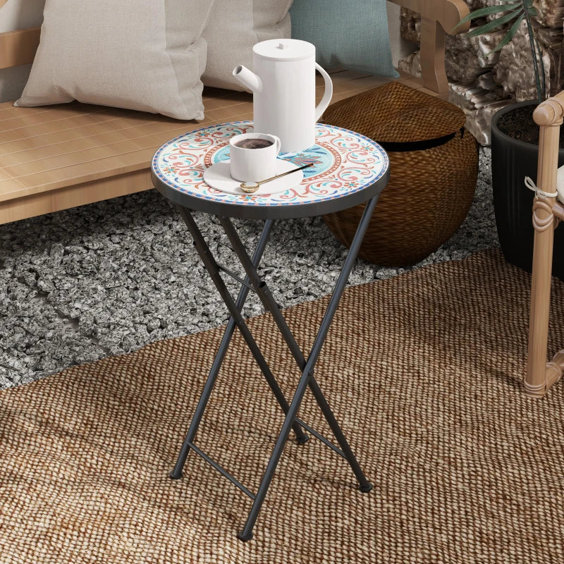 Mosaic Round Folding Garden Table, 35.5cm Metal Frame Coffee Table for Balcony, Multicolour