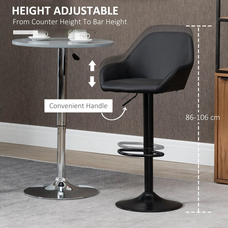Set of 2 Adjustable Swivel Bar Stools with Backs & Armrests - PU Leather Kitchen Counter Chairs, Black