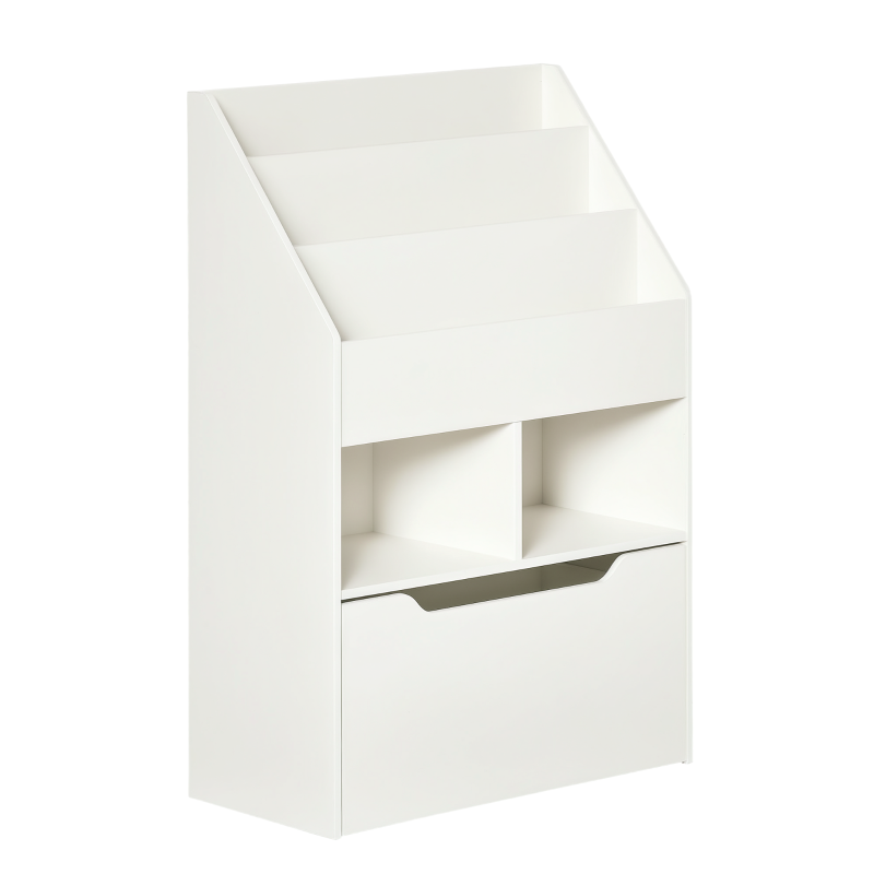 Kids Bookshelf Toy Organizer with Storage Drawer and Wheels White