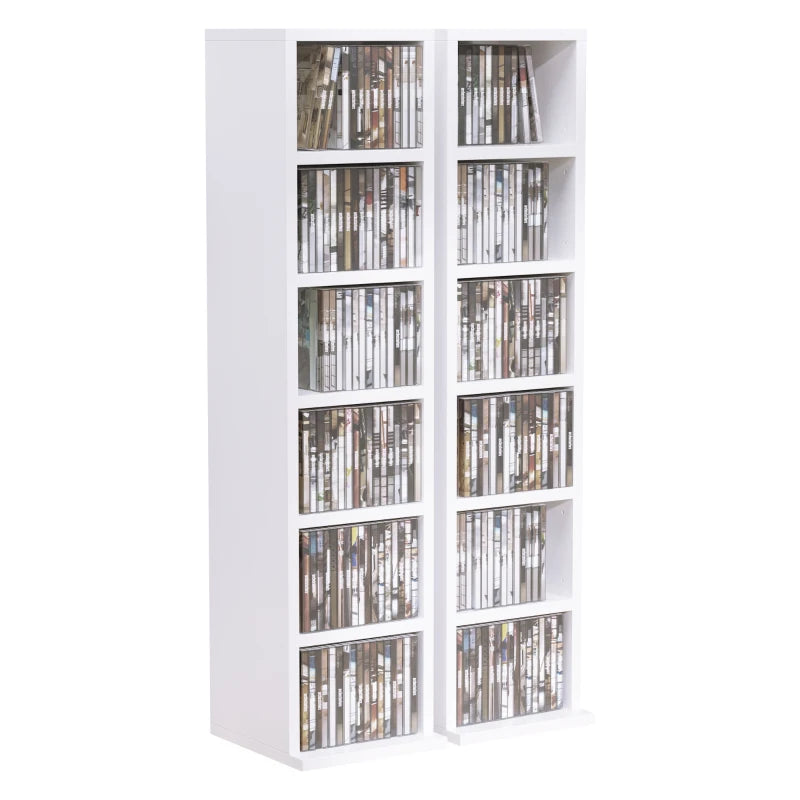 Set of 2 White CD Media Display Shelves - Adjustable Blu-Ray Tower Rack & Bookcase Storage Organizer
