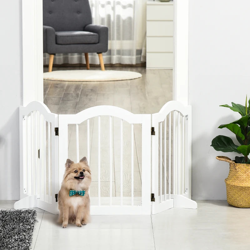 Freestanding 3 Panels Dog Gate with Support Feet - White Wooden Safety Barrier for Pets