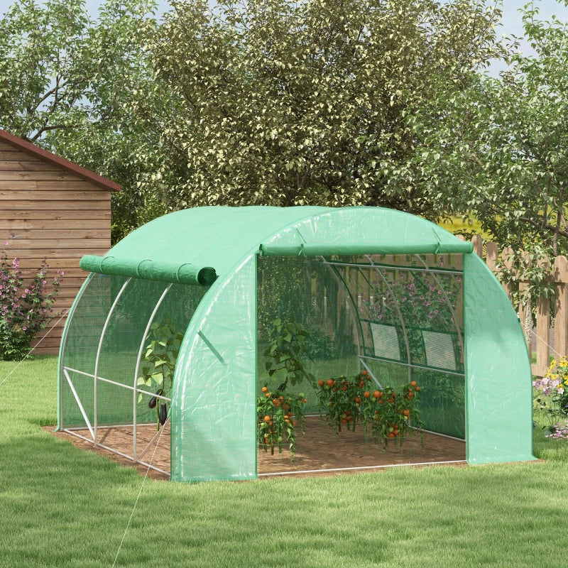 Green Walk-in Polytunnel Greenhouse with Roll-up Sidewalls, Zipped Door, 6 Windows - 3x3x2m