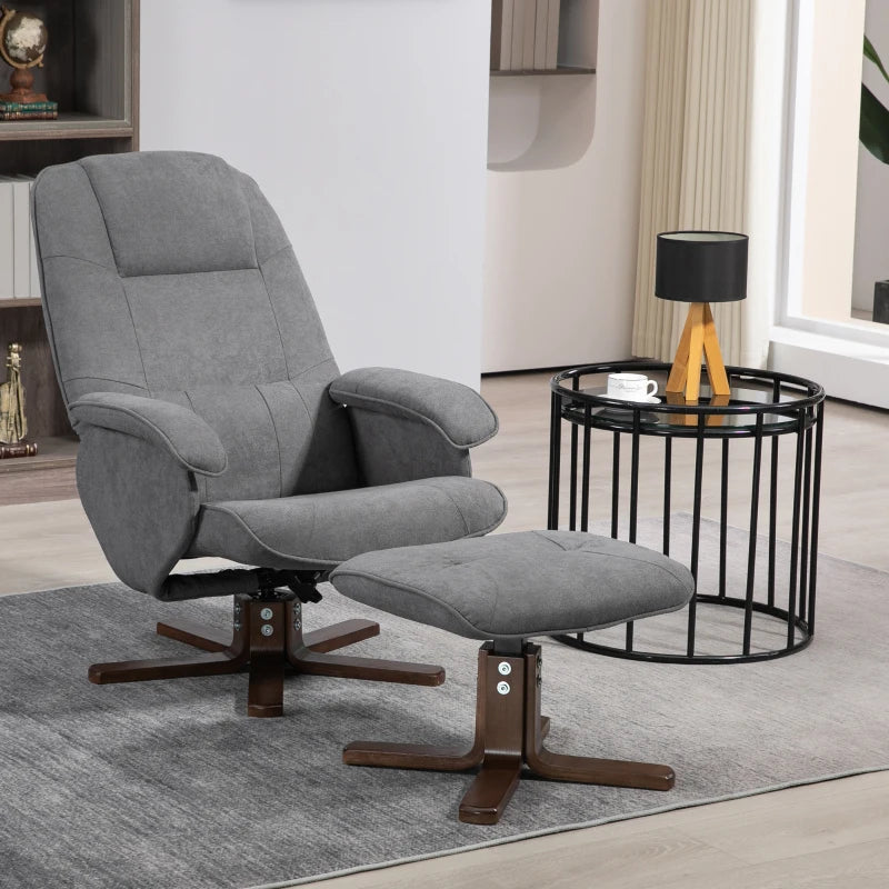 Linen Swivel Recliner Chair with Footstool - Upholstered Reclining Armchair with Wooden Base for Living Room, Grey