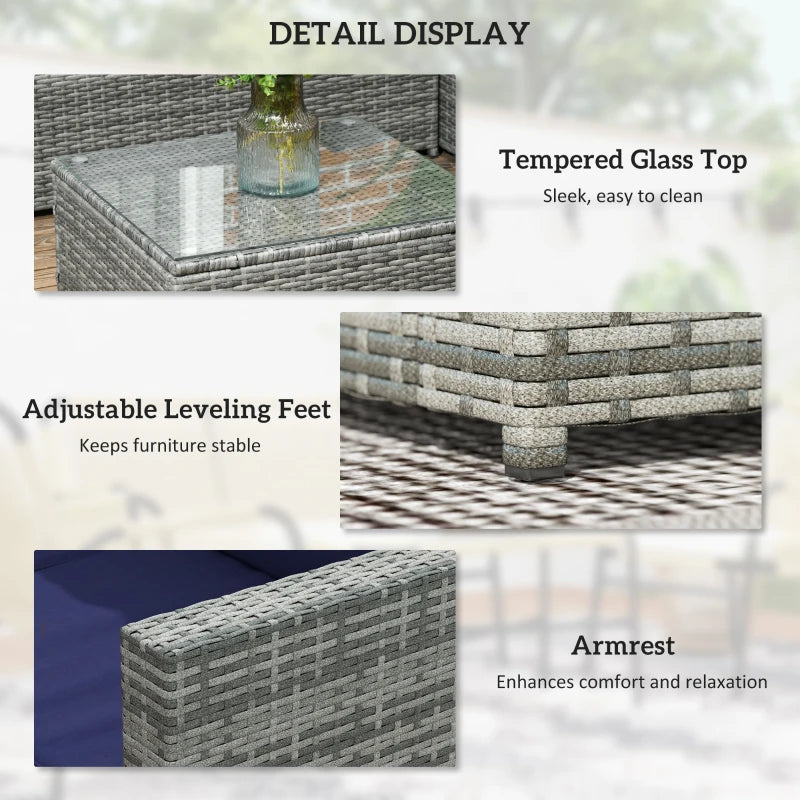 3 Piece Rattan Garden Furniture Set with Thick Cushions and Glass Top Coffee Table