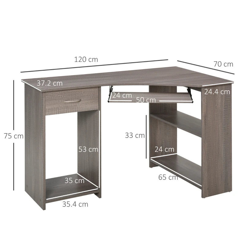 L-Shaped Corner Computer Desk with 2 Shelves, Keyboard Tray, Drawer & CPU Stand - Grey Home Office Furniture
