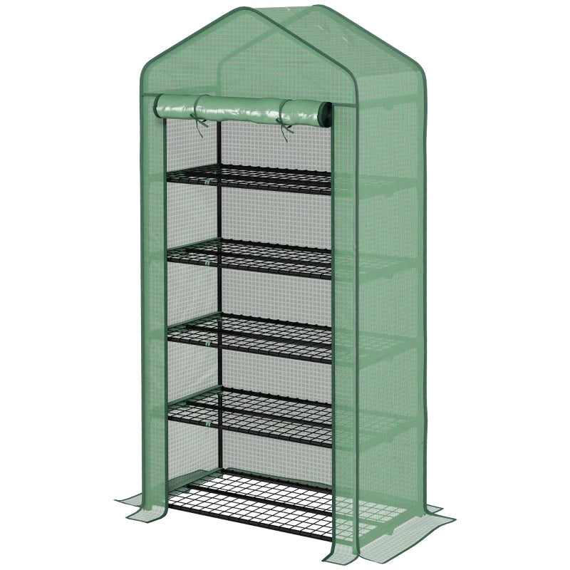 Portable Green 5-Tier Mini Greenhouse with Roll-Up Door, 193H x 90W x 49Dcm